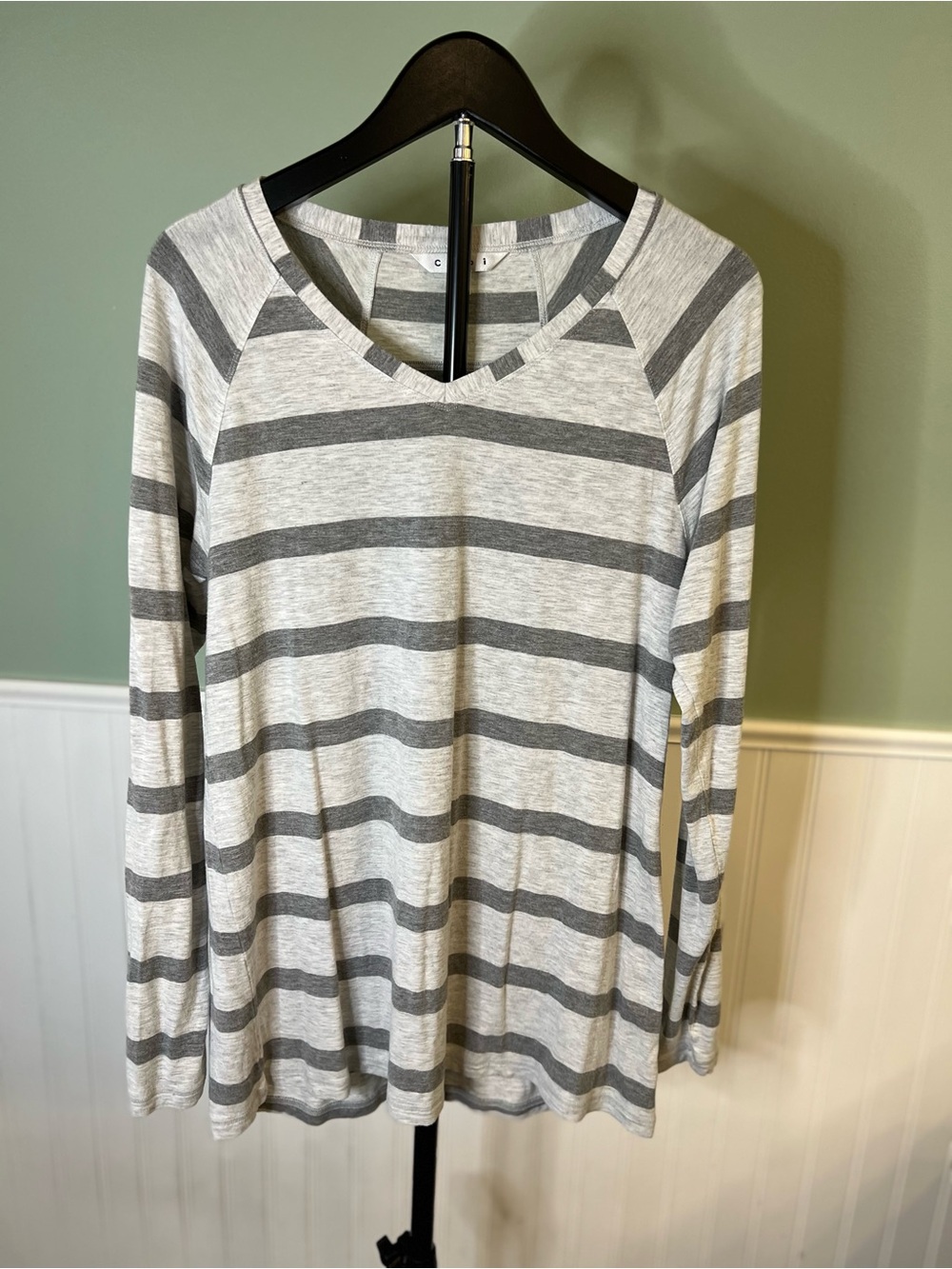 CAbi Neutral Stripe V-Neck Long Sleeve Top. Size S